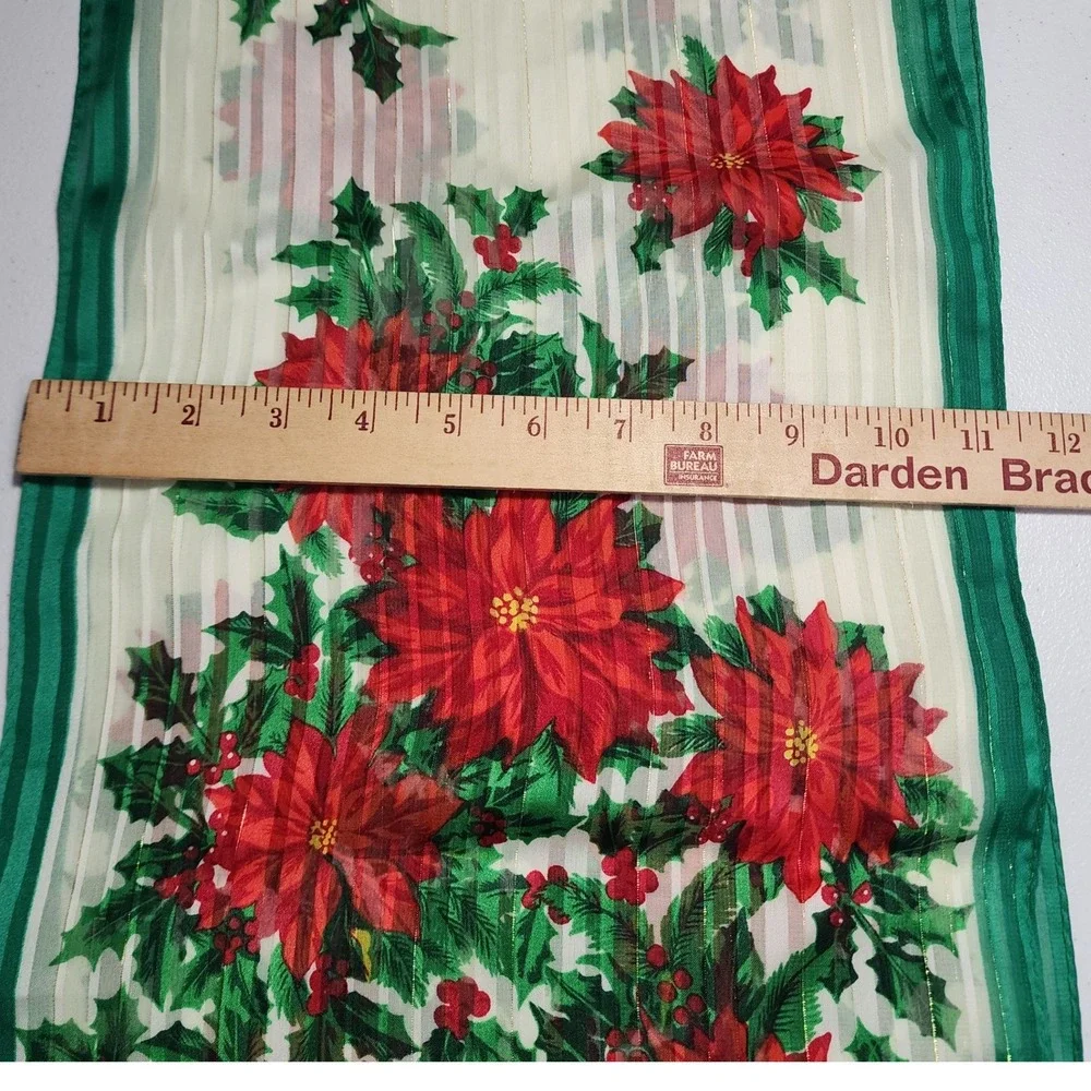 Collection Eighteen Christmas Poinsettia Scarf Green Red Gold Metallic Sheer